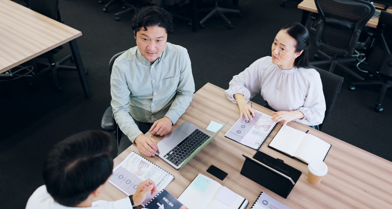 Meeting, planning and documents with business people in Japanese office for proposal, workshop and .